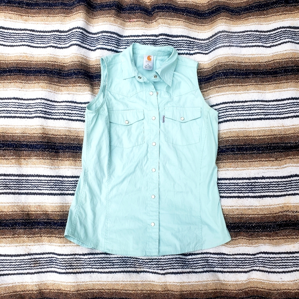 Women's Carhartt Sleeveless Vest like Pearl Snap Button Down Western Blouse